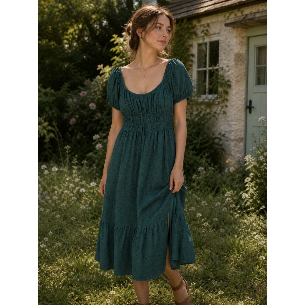 Hollister Green Milkmaid Midi Dress Cottage Feminine Peasant XL Shabby Chic